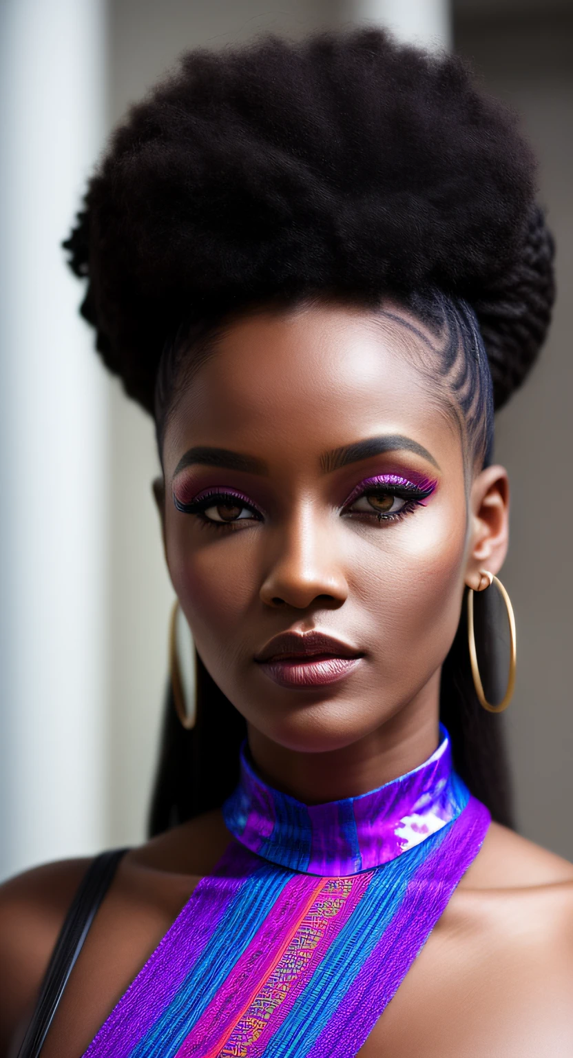 Estilo afrofuturismo, Ebony woman, (Estilo To8contrast), frontal, Posando, foto 8k RAW, mais alta qualidade, olhos detalhados, reflexo dos olhos, delineador alado, (olhando para o espectador: 1.3), olhos perfeitos, melhor sombra, detalhes intrincados, interior, (cabelo ousado: 1.3), cores silenciadas, Estilo de alto contraste, Tiroteio Glam, fumegante, (sensual: 1.1), DOF, Bokeh, intenso, languid, tentador, sensual, sedutor, saudade, saudade, apaixonado,   studio, Minimal lighting,   contrastes gritantes, dramatic highlights, . , Cyberpunk alien city, 1girl, explorador afrofuturista, holographic statues, [africano | asiatic] cultural fusion, olhar intenso, retrato de corpo inteiro, , traditional African patterns and fabrics, vestido africano colorido, Triadic complementary colors, cores quentes, pinceladas fortes, cor ousada , covinhas, plenitude, gordurinha, , cor ousada, sedutora, cativante, marcante, unforgettable, deslumbrante, breath-taking, beleza atemporal