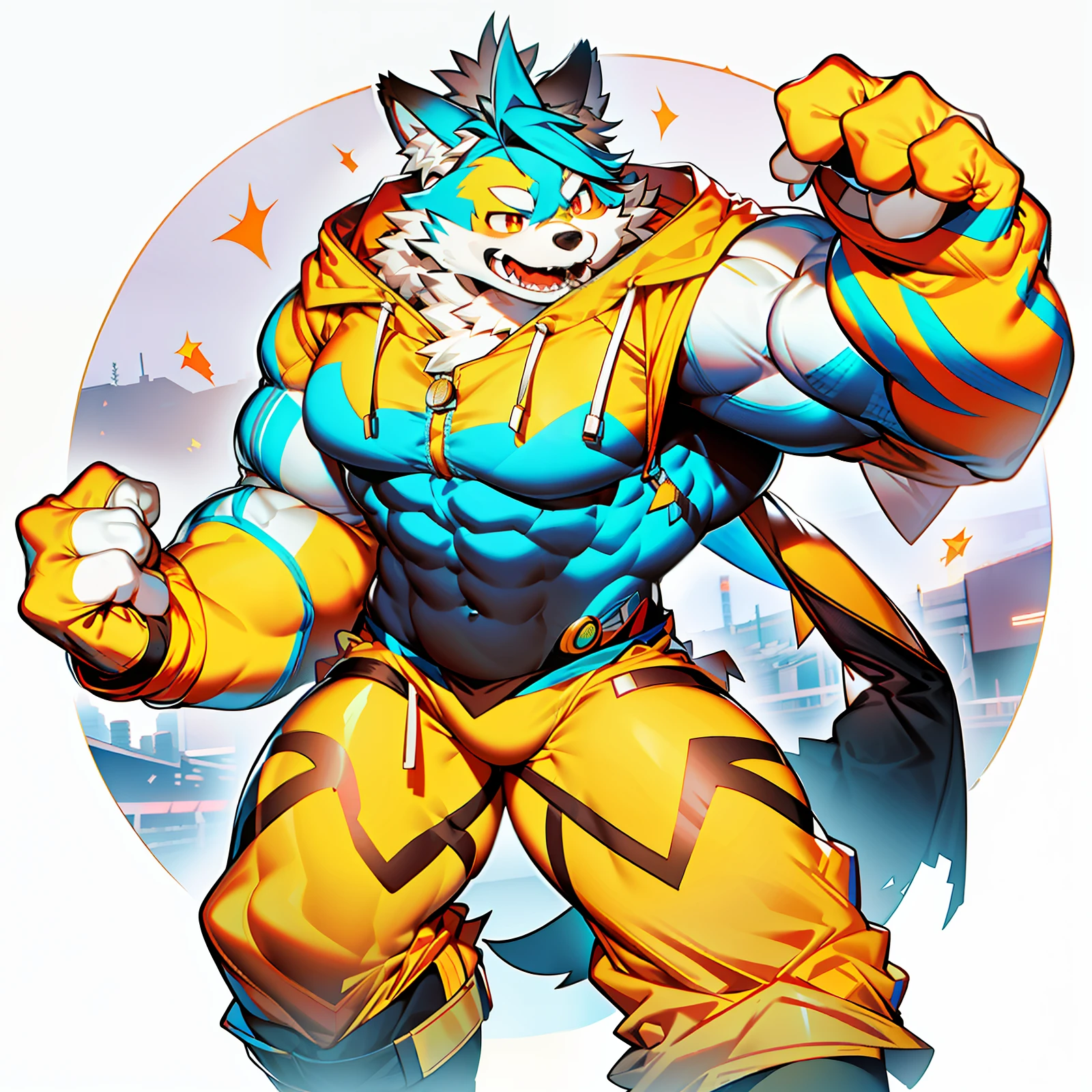 coyote，Furry，Orange-white hair，musculature，Muscle men，nakeness，Strong，ultraclear，Has a large ，Collar，Black  shorts，red pupils，Abs，yellow overcoat，The erection，Collar，Has a large ，der riese，tit，Solo，Stout arms，Storm jacket，Badge，Pronounced abs，Urban style，hold fists,Big ，frontage，Storm jacket，modern day