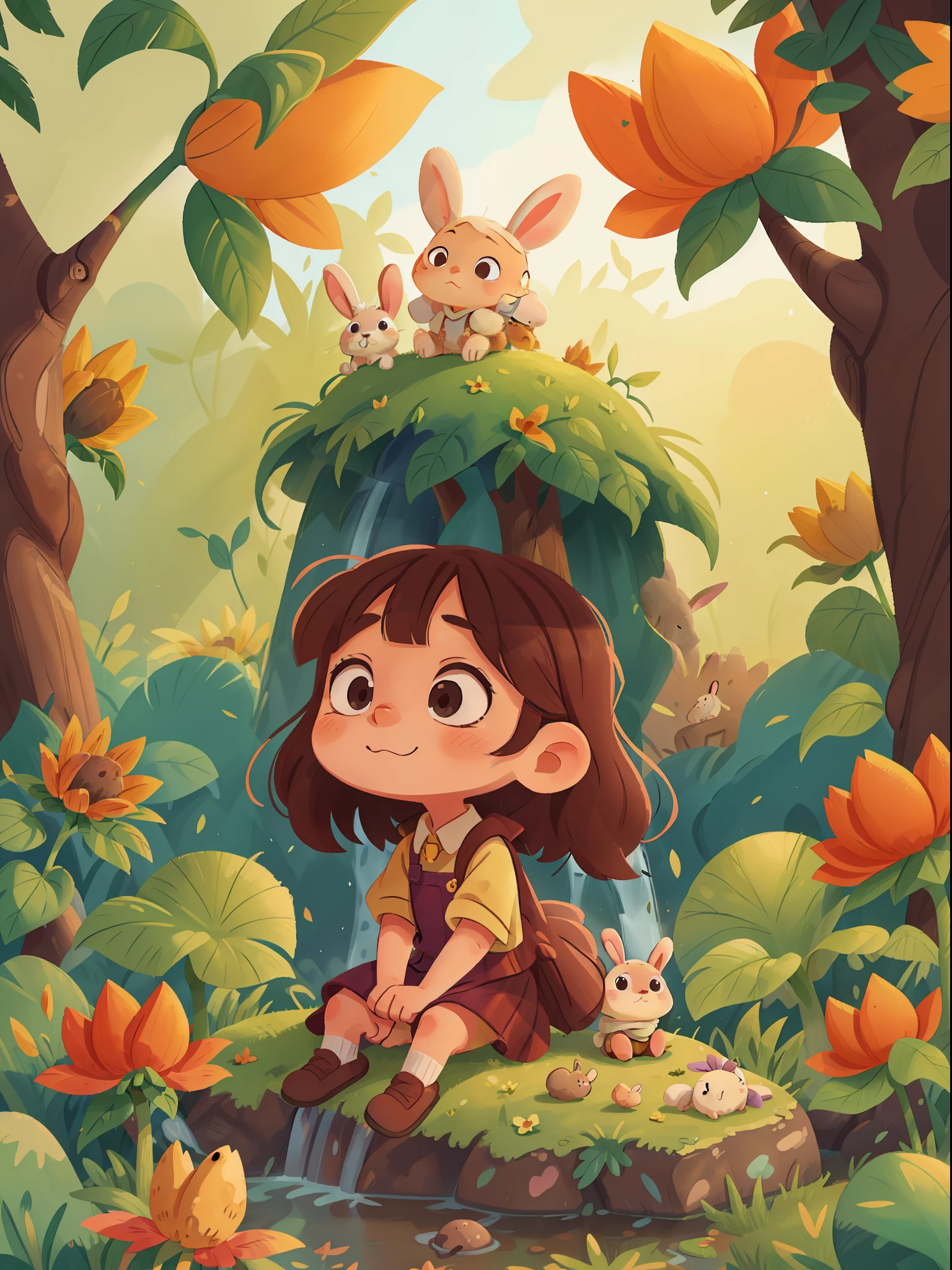 Little girl wear hijab, and her rabbit, sitting in the wood, waterfall, sunflower, at the sunny day, The illustration is a high-definition illustration in 4K resolution with highly detailed facial features and cartoon-style visuals.