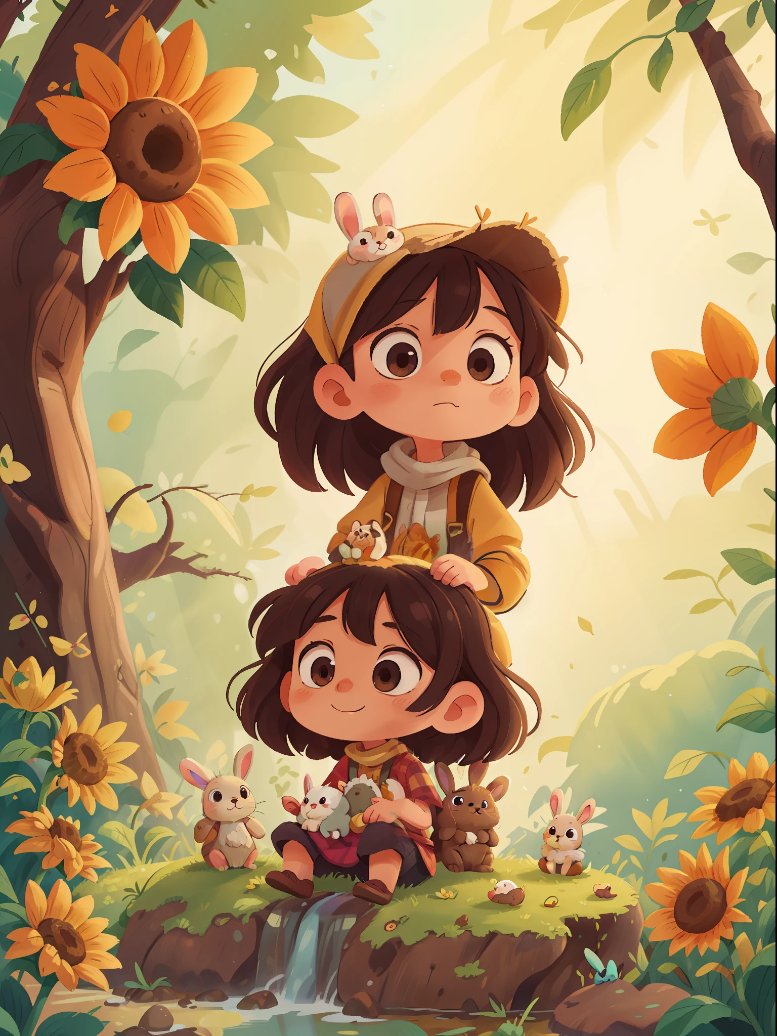 Little girl wear hijab, and her rabbit, sitting in the wood, waterfall, sunflower, at the sunny day, The illustration is a high-definition illustration in 4K resolution with highly detailed facial features and cartoon-style visuals.