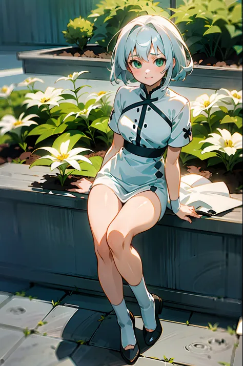 anime girl with white hair, wearing white dress , anime moe artstyle, full body,seductive anime girl, sittinng on garden, white ...