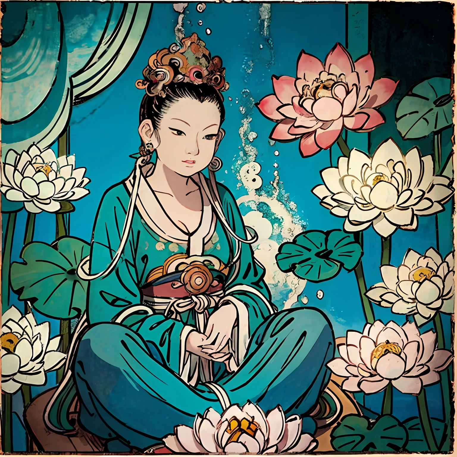 Buddha-Statue, die auf einer Lotusblume sitzt, Guanyin der südlichen Meere, gewinnen, in einem kraftvollen Zen-Zustand schweben, kraftvolle Zen-Komposition, rosa Zen-Stil, heiterer Ausdruck, Zen-Meditation, inspiriert von Itō Jakuchū, anmutig auf einem Lotus stehend, Zen-Tempel-Hintergrund