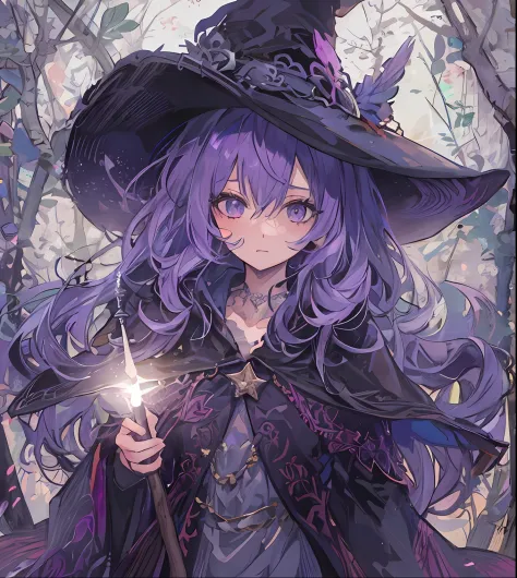 tmasterpiece，Best quality at best，one-girl，Purple hair，adolable，Wearing a witch hat，Hold a staff in your hand