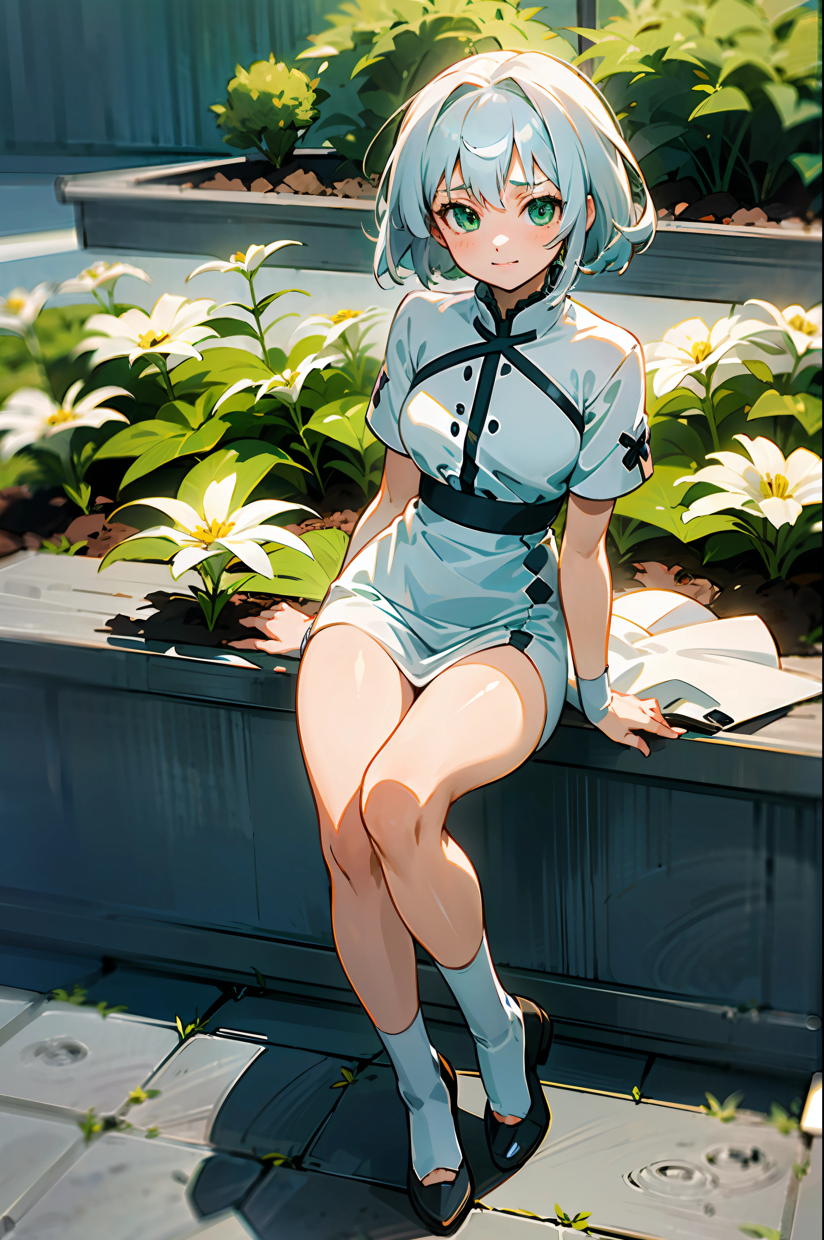 anime girl with white hair, wearing white dress , anime moe artstyle, full body,seductive anime girl, sittinng on garden, white and green flowers classroom, cute anime 8 k, , (anime girl), zerochan art, 1girl, h, high res, ultrasharp, 8k, masterpiece, perfect body, perfect face, cute face,