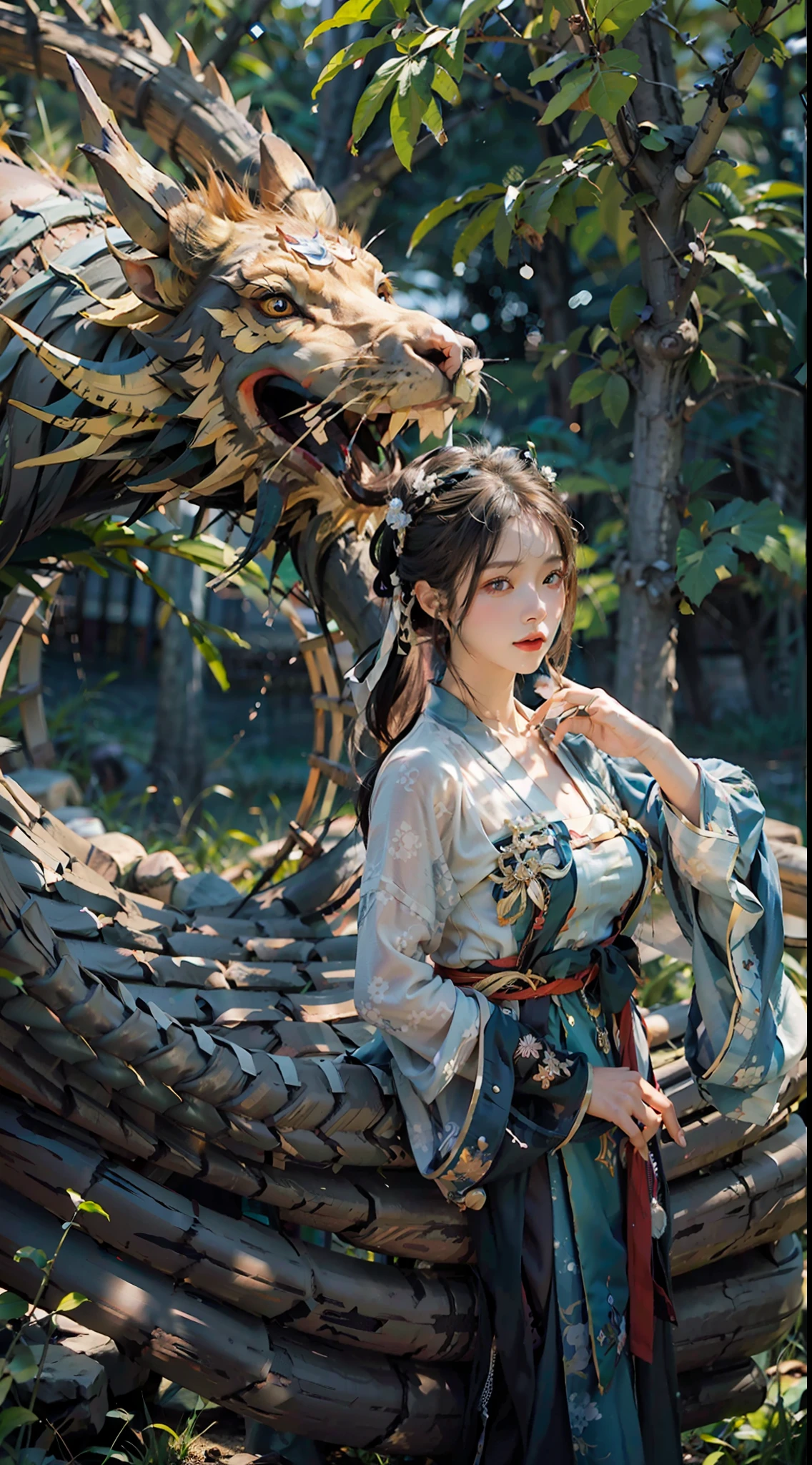 ulzang-6500-v1.1,(RAW photo:1.2), (Photorealistic:1.4), Beautiful Meticulous Girl, very detailed eyes and faces, Beautiful detailed eyes,  hugefilesize, ultra - detailed, A high resolution, The is very detailed，（（gigantic cleavage breasts，Yang beyond，））， （chiseled abs：1.1），（perfect bodies：1.1），（long whitr hair：1.2），（Silvery hair），Lace collar，full body shot shot，（（wearing a dragon robe，Black Hanfu，Golden dragon pattern）），（（Cardigan dragon skirt）），（Very detailed CG 8k wallpaper），（Extremely refined and beautiful），（tmasterpiece），（best qualtiy：1.0），（超A high resolution：1.0），beautiful illumination，perfect lightning bolt，realistic shaded，[A high resolution]，Detailed skins， Hyper-detailing（（（a color））），high realistic