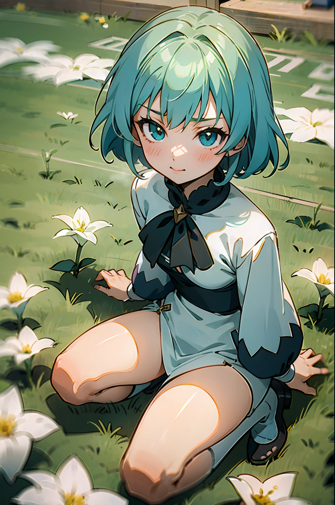 anime girl with white hair, cyan eyes, wearing white dress , anime moe artstyle, full body,seductive anime girl, sittinng on garden, white and green flowers classroom, cute anime 8 k, , (anime girl), zerochan art, 1girl, h, high res, ultrasharp, 8k, masterpiece, perfect body, perfect face, cute face,