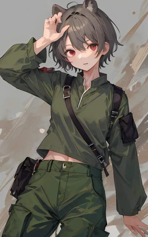 ​masterpiece,女の子1人,Soio,Behold,symple background,short-hair,Green shirt,Blue Pants,red eyes, Dark green oversized top　,((Gray cargo pants))