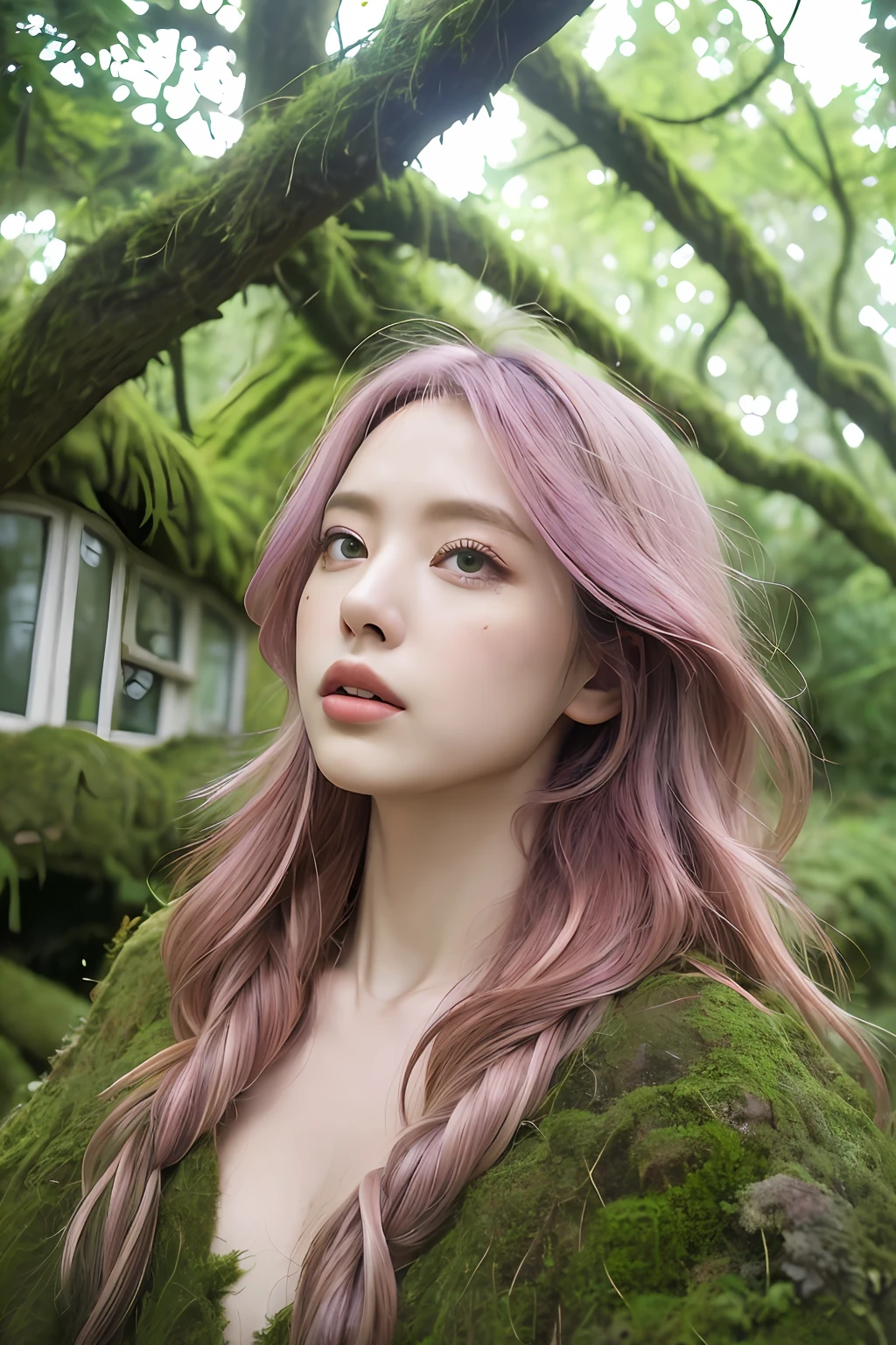 (extra detailed body、extra detailed face、best qualtiy:1.2)、femele、looking at the viewers、(The face of a person looking up、Purple and pink ivy coiled and covered。Mystical light、Hair is full of ivy。)、(Forest in the background、5 round, oddly shaped houses covered with moss and ivy:1.4)