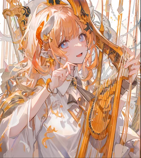 tmasterpiece，Best quality at best，one-girl，Solo，With a harp，Orange-white gradient hair，gentleness，devil horns