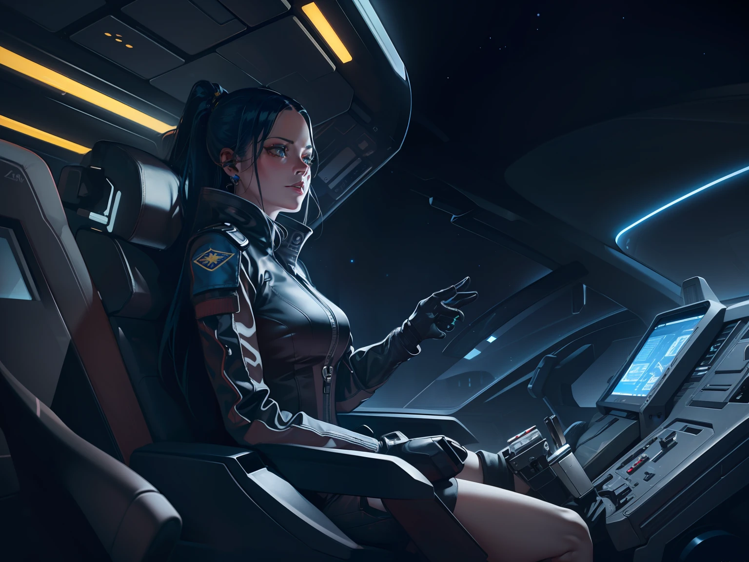 A extreme 90 meters long shot exterior view of the cockpit, a beautiful vibrant female space adventurer seated in the captain's chair in deep space super sleek futuristic spaceship design of the future, looking at the intrepid commander of space adventurer in her planetary pursuit , octane render, high quality star sailor woman hyperdetailed space transport, dark forbidding planet system 24k photorealistic