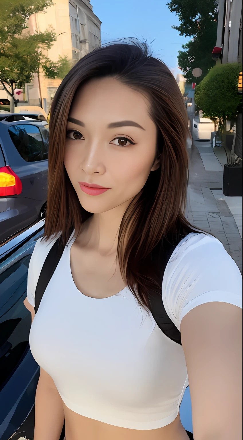 ((Realistic lighting, Best quality, 8K, Masterpiece: 1.3)), Clear focus: 1.2, 1girl, Perfect Figure: 1.4, Slim Abs: 1.1, ((Dark brown hair)), (White crop top: 1.4), (Outdoor, Night: 1.1), City streets, Super fine face, Fine eyes, Double eyelids,