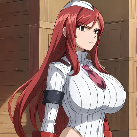 1girl, solo, erza scarlet, fairy tail, red hair, brown eyes, long hair, looking at viewer, serious, closed mouth, sidelocks, dol...