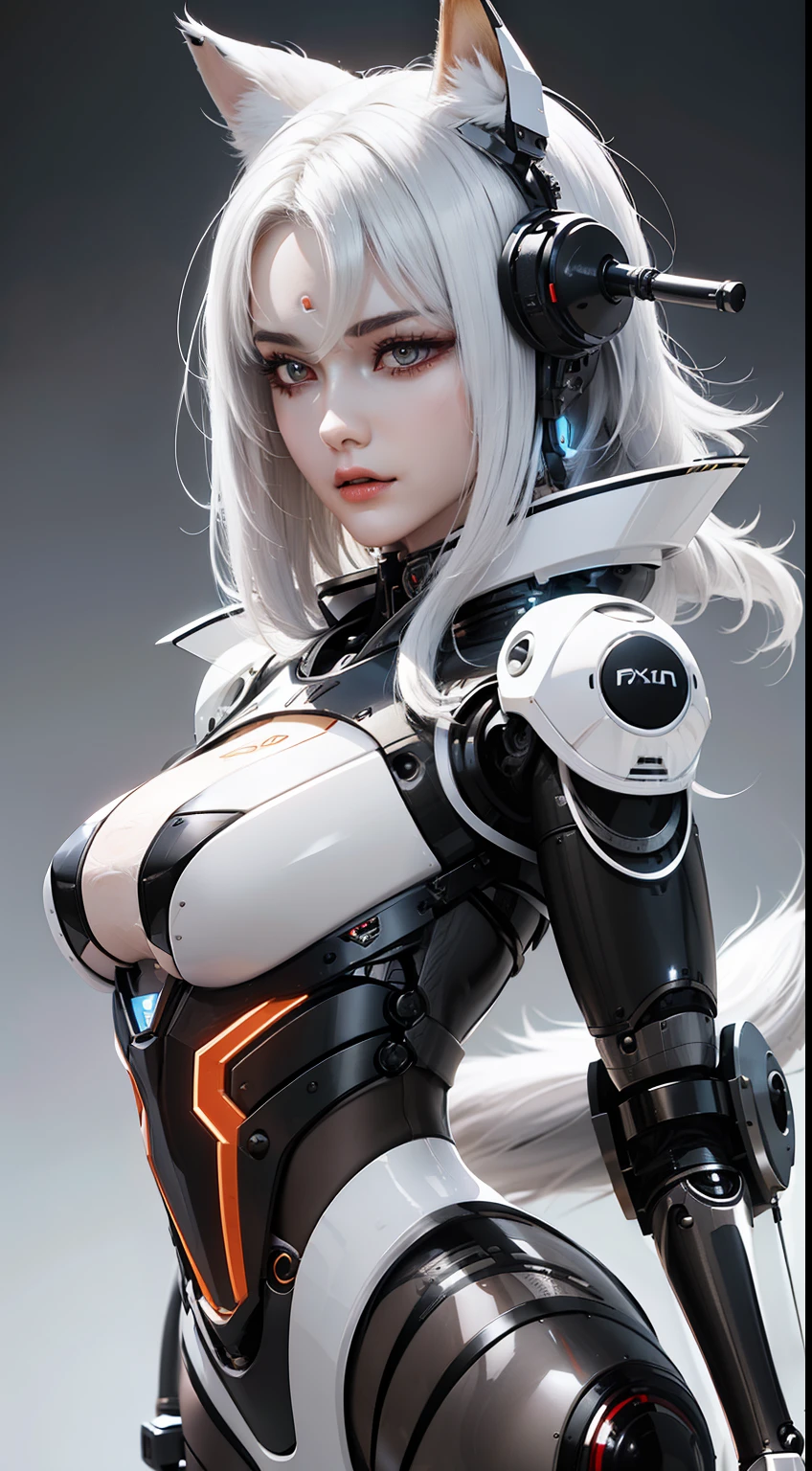 Eine Frau mit weißen Haaren und einem Roboteranzug, Busch, Porzellan-Cyborg, perfektes Robotermädchen, süßes Cyborg-Mädchen, Integrierter synthetischer Roboter, Anime Roboter gemischt organisch, mit mechanischem Fuchsschwanz, Wlop glänzende Haut, broken schöner weiblicher Roboter! , Cyborg - Silberhaariges Mädchen, schöner weiblicher Roboter, fox mechanischer Schwanz behind her, mechanischer Schwanz