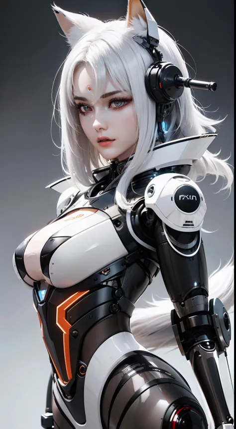A woman with white hair and a robot suit, Daji, porcelain cyborg, perfect robot girl, cute cyborg girl, integrated synthetic rob...