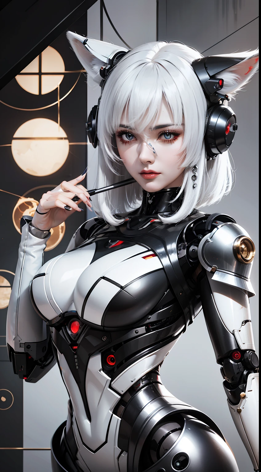 Une femme aux cheveux blancs et un costume de robot, Buisson, cyborg en porcelaine, fille robot parfaite, jolie fille cyborg, Robot synthétique intégré, anime robot mixte organique, avec queue de renard mécanique, peau brillante, broken beau robot féminin! , Cyborg - Fille aux cheveux argentés, beau robot féminin, fox queue mécanique behind her, queue mécanique