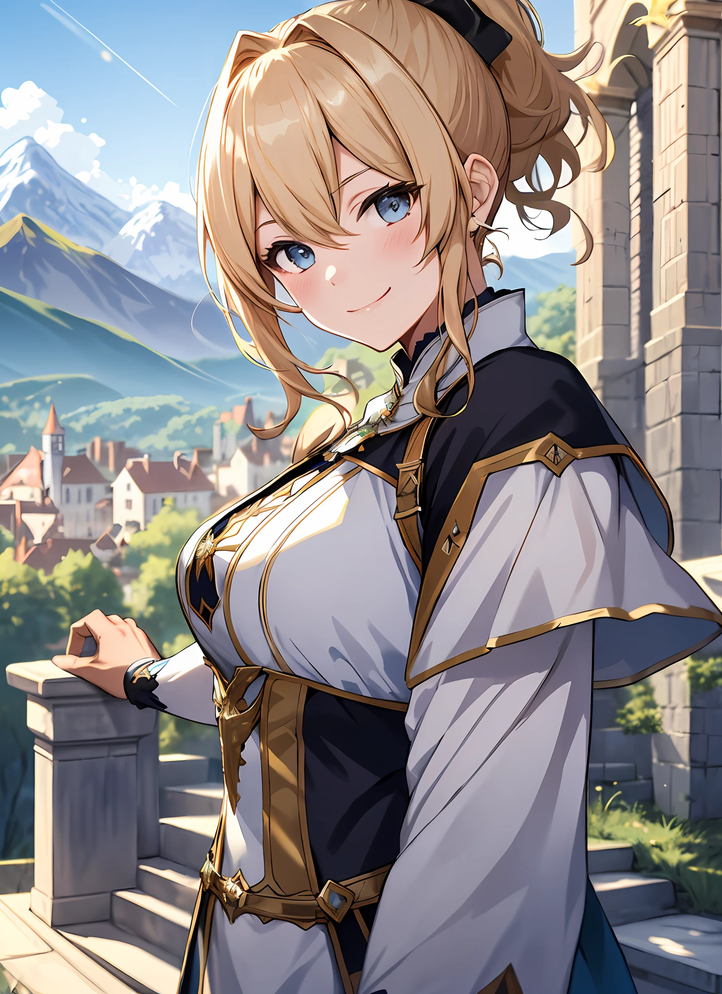 Elegant anime female character, golden ponytail, smile, blush, medieval knight aristocratic costume, outdoor, daytime, simple background, blue sky, sky, medieval castle, looking at the audience, stairs, mountains, movie lighting effects, large aperture portrait, dynamic pose