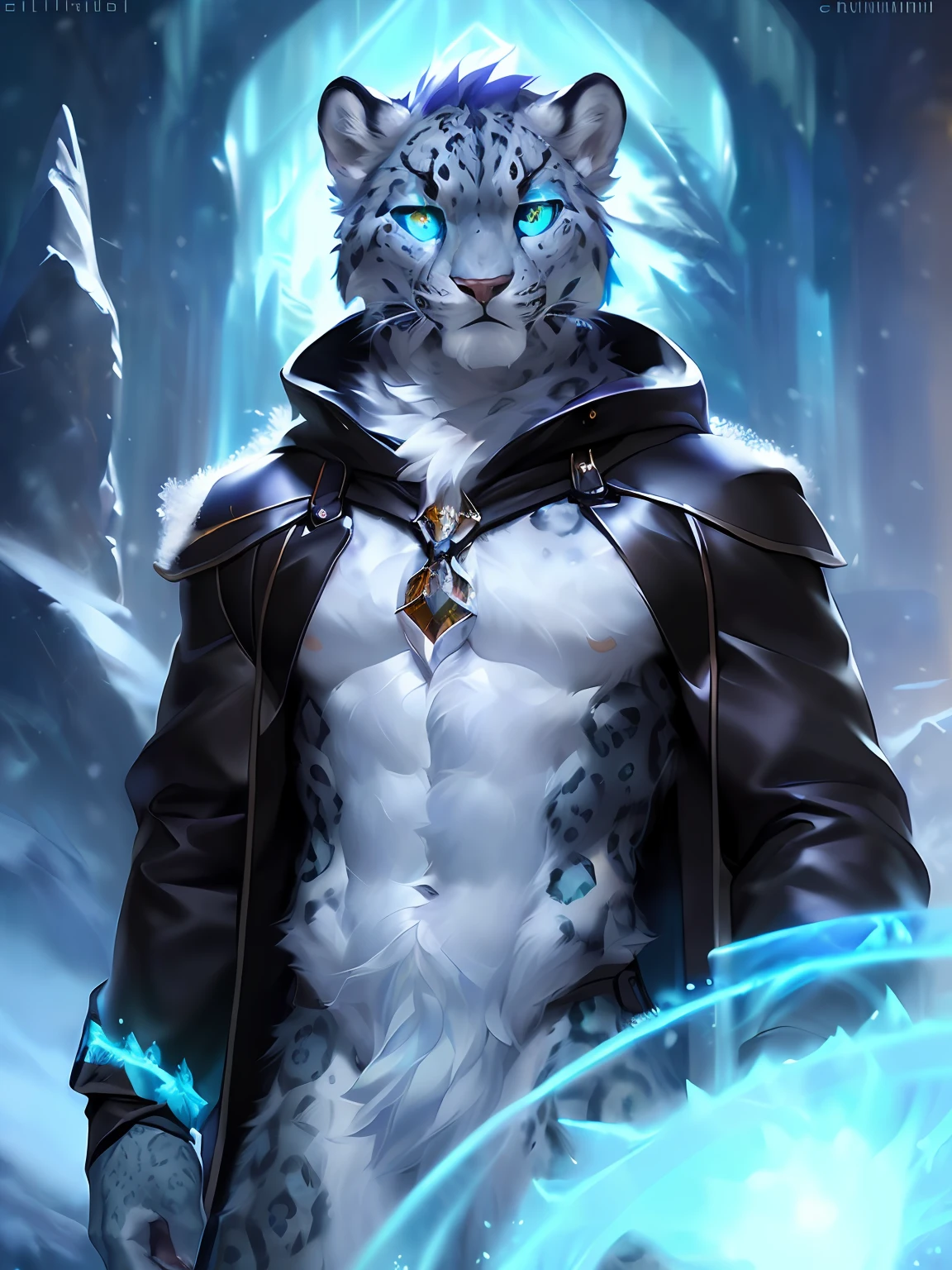 ((solo)), by Pino Daeni, by Ruan Jia, by Shiitakemeshi, by Alayna Lemmer, by Carlo Galli Bibiena, dynamic  portrait of  a handsome ((male anthro furry snow_leopard ranger )) in front of magic glacier portal, he is wearing leather cloak,  holding glowing iceball,  (((handsome, proud, detailed face, detailed clear eyes and pupils,  detailed hair, (fluffy))), (magical vibe), hair, tuft ), insane details, 8k,  unreal engine, cold volumetric light,  masterpiece , blurred background, cinematic composition.(detailed Chunie lighting), (detailed fur), (((crepuscular ray))), adorable paws:1.3, realistic proportion,aurora,