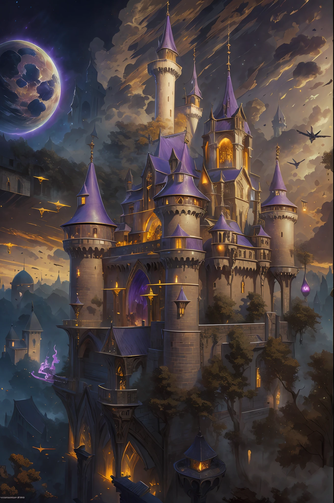 a full panoramic picture of a magical castle [[hovering]] (intense details, Masterpiece, best quality: 1.6) in the sky (intense details, Masterpiece, best quality: 1.5), [[in the sky]] hanging among the clouds (intense details, Masterpiece, best quality: 1.5) at night, flying castle in the sky (intense details, Masterpiece, best quality: 1.5), moon light, stars. many colors light from castle windows, dragons  (intense details, Masterpiece, best quality: 1.5) flying around castle, atmosphere of enchantment and, masterwork architecture (intense details, Masterpiece, best quality: 1.6), atmosphere of magic (intense details, Masterpiece, best quality: 1.5), 8k, ultra detailed, ultra-realistic, masterpiece, best quality, (extremely detailed), ultra wide angle