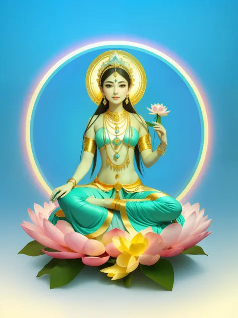 In the void, There is a beautiful virgin sitting leisurely in the lotus，Five-color sky，Perfect body posture，Delicate and radiant...