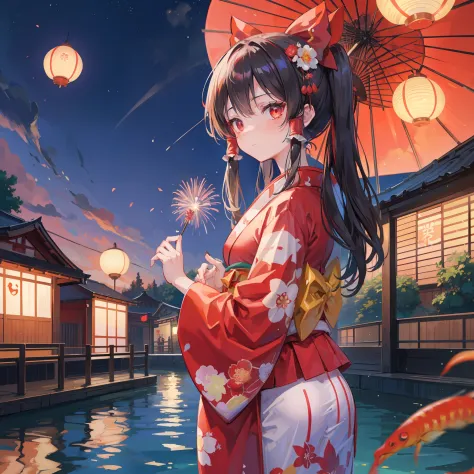 Reimu Shiramine in Kimono, masutepiece, Fine detail, 4K, 8K, 12K, Solo, Alone, Beautiful Girl, caucasian female, Black yukata、 Yukata, Kimono, Summer festival, Night, Fireworks、Being in the water、A lot of goldfish
