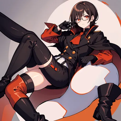 "Crimson coat, white and black shirt, black gloves, black shorts, gray thigh highs, and black boots. Dark brown hair, red glasse...