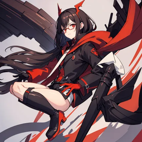 "Crimson coat, white and black shirt, black gloves, black shorts, gray thigh highs, and black boots. Dark brown hair, red glasse...