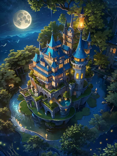 (an artist's design of a floating Castle on the floating the land and Forest and Fountain in the air)1.4, bird's-eye view, scenery, azure moon, night view, Starry night, no humans, a fantastic magical world,  (Best quality), (masterpiece:1.3), (photorealis...