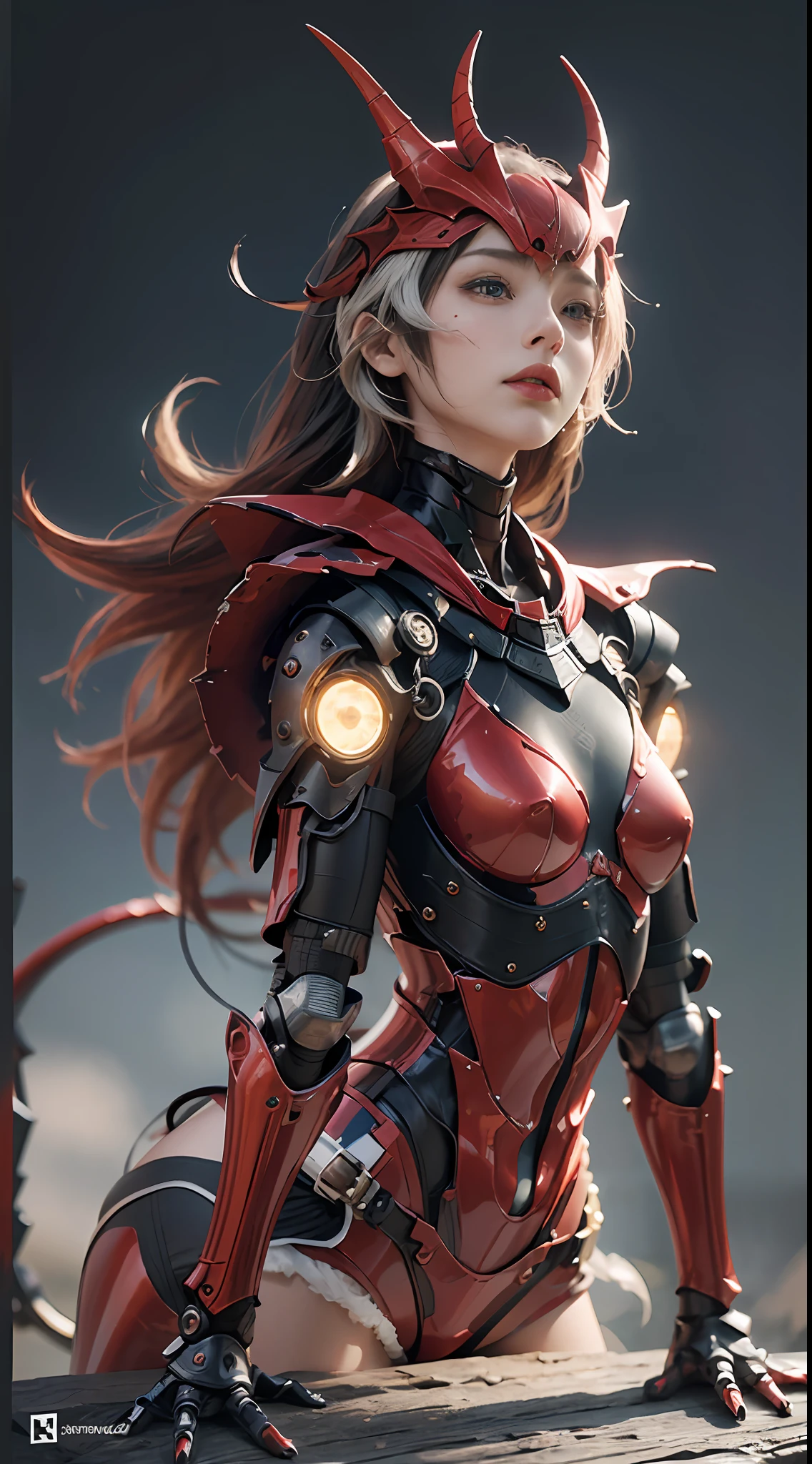 （tmasterpiece，），（best qualtiy），photorealestic，Realistis，ultra - detailed，s the perfect face，Perfect body，1 rapariga，beuaty girl，Girl in red armor，Dinosaur bone mechanical armor，exoskeleton,Change posture,dynamicposes，cool-pose，Full body photo，super wide shot