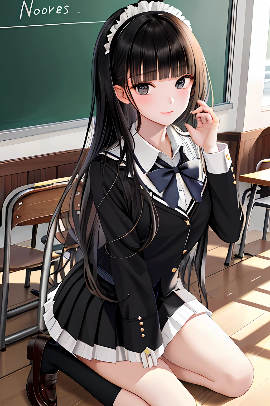 Masterpieces,Best quality,1girll,Long hair,Black hair,Blunt bangs,side locks,,Collar,Short frilled skirt,Cowboy shot:p,Tsundere,(tareme:1.2),hair adornments,shoes,Classroom, blackboards,