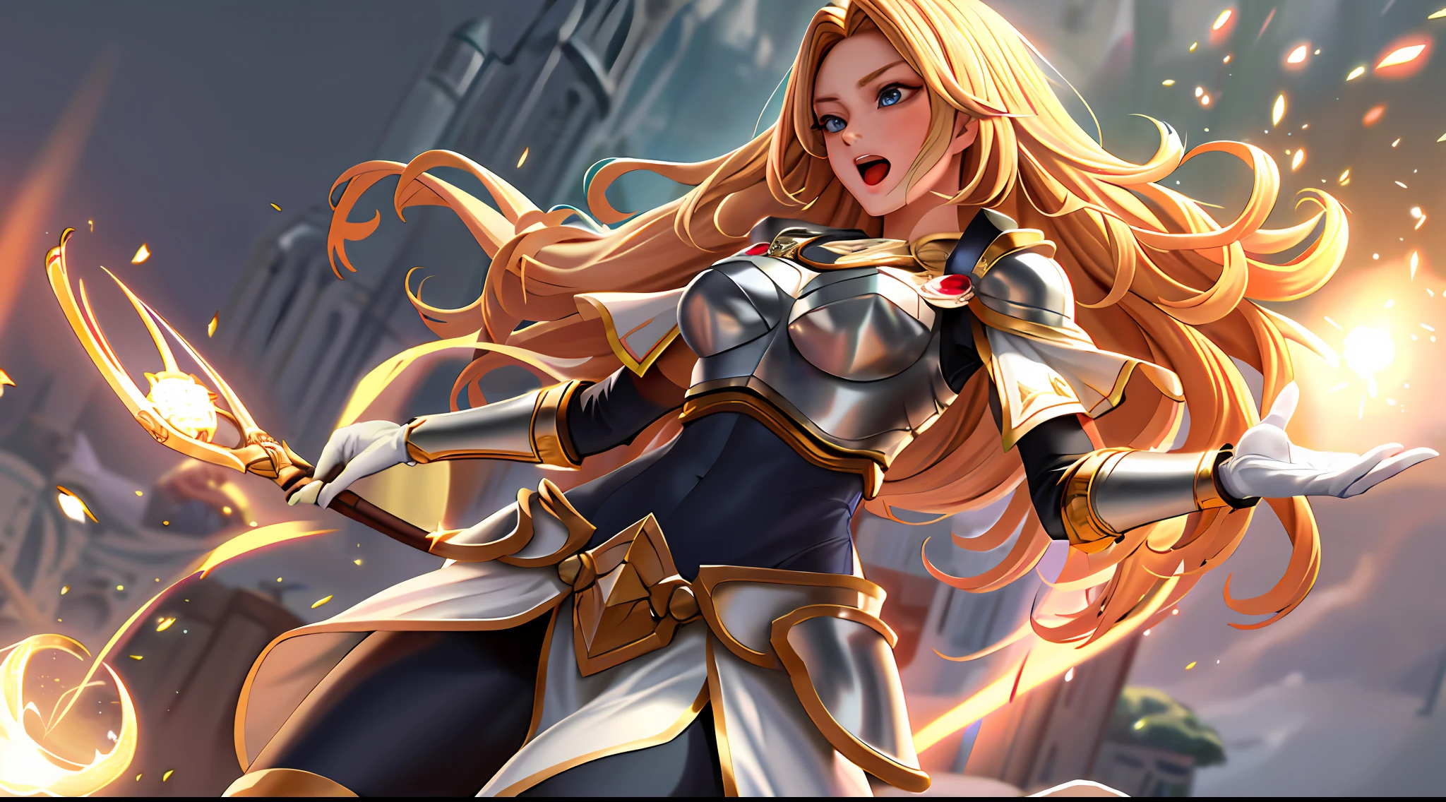 masterpiece, best quality, highres, lux1, long hair, 1girl, solo, armor, breastplate, bodysuit, gloves, white gloves, boobplate, magic, spell, open mouth,