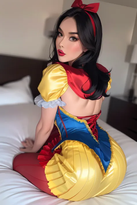 Beautiful chinese milf, snow white cosplay, blue corset, (((silk yellow pleated skirt))), red and white slashed shoulder sleeves, black bob hair, red headband, red cape, silk, satin, photorealistic, masterpiece, best quality, beautifully detailed face, det...