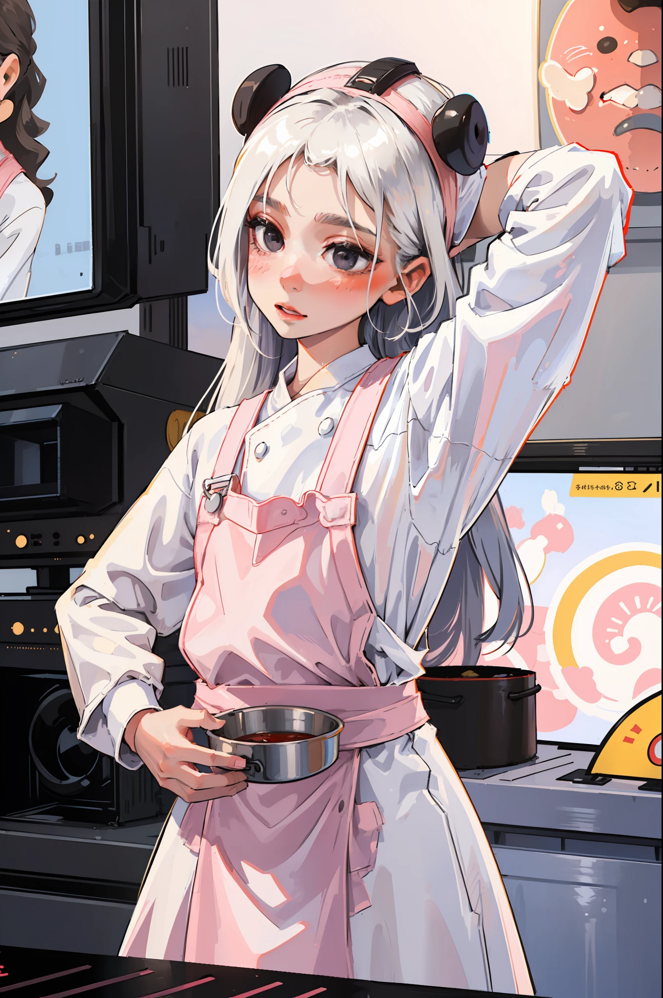 (girl wearing a cooking pot on her head), white long hair, beautiful dark gray eyes, pure white skin, cute pink overall, white button up, blush