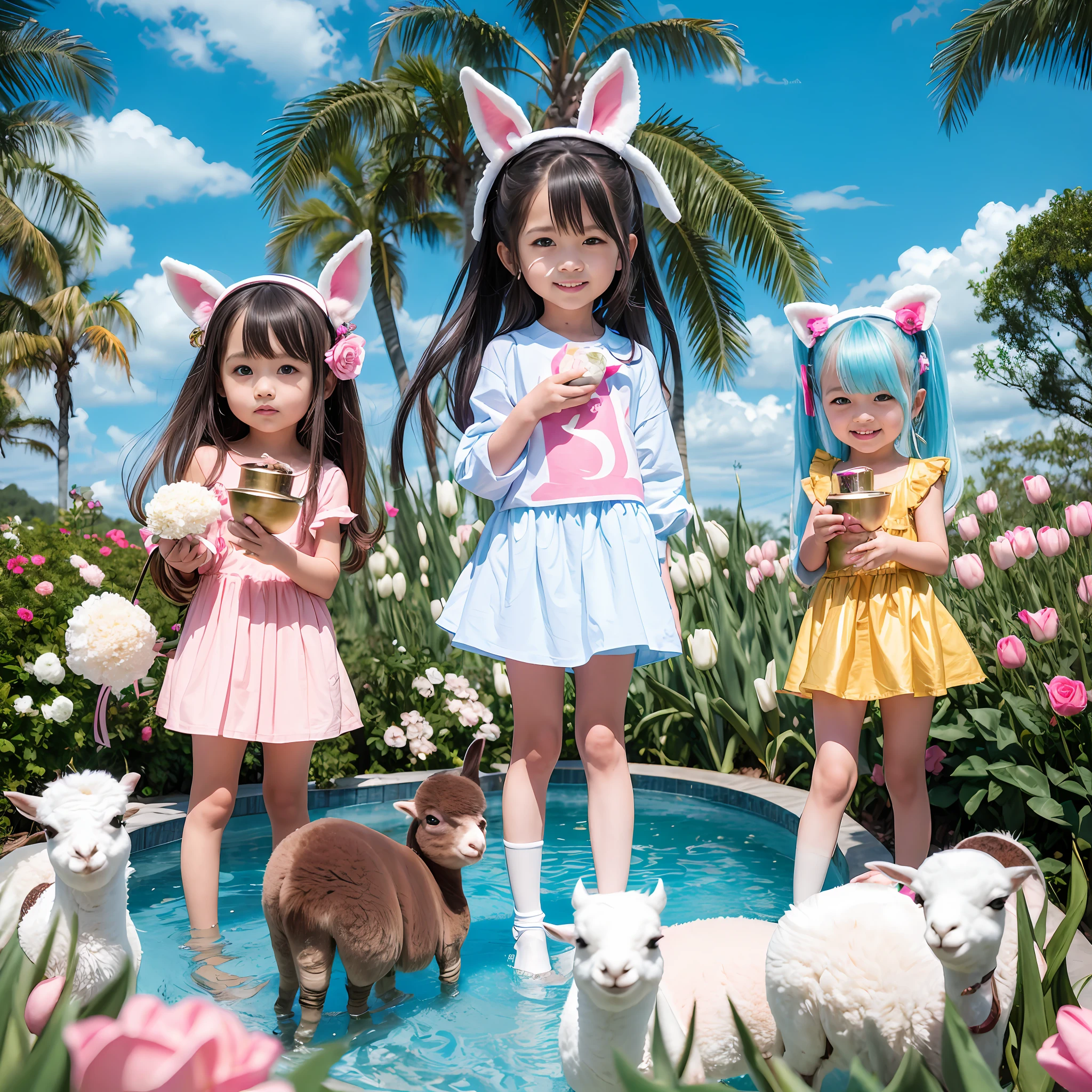 Three girls in bunny ears and dresses standing in a pool with