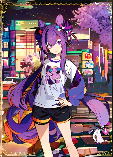 1girll, standing, view the viewer, hands on hips
keqing (Genshin Impact), hair-bun, Purple hair, double tails, Purple eyes, Diam...