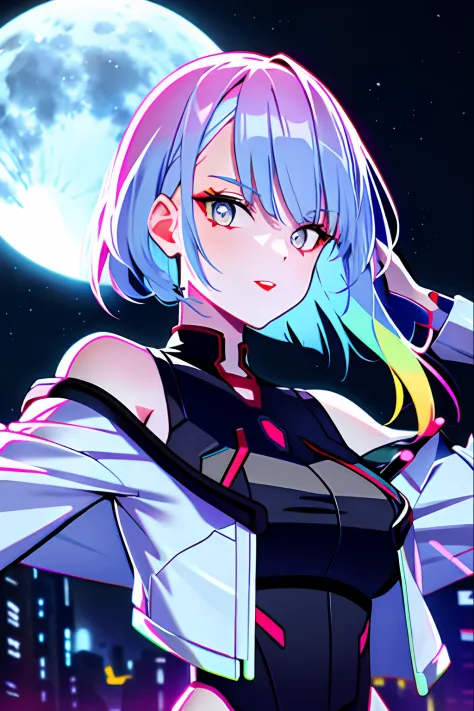 lucy \(cyberpunk\), 1girl, arm up, bangs, blue hair, colored tips, full moon, grey eyes, jacket, long sleeves, looking at viewer, medium hair, moon, multicolored hair, parted bangs, parted lips, pink hair, portrait, red eyeliner, red lips, solo, white jack...