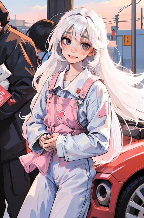 anime girl, white long hair, beautiful dark gray eyes, pure white skin, cute pink overall, white button up, blush, happy, gleefu...