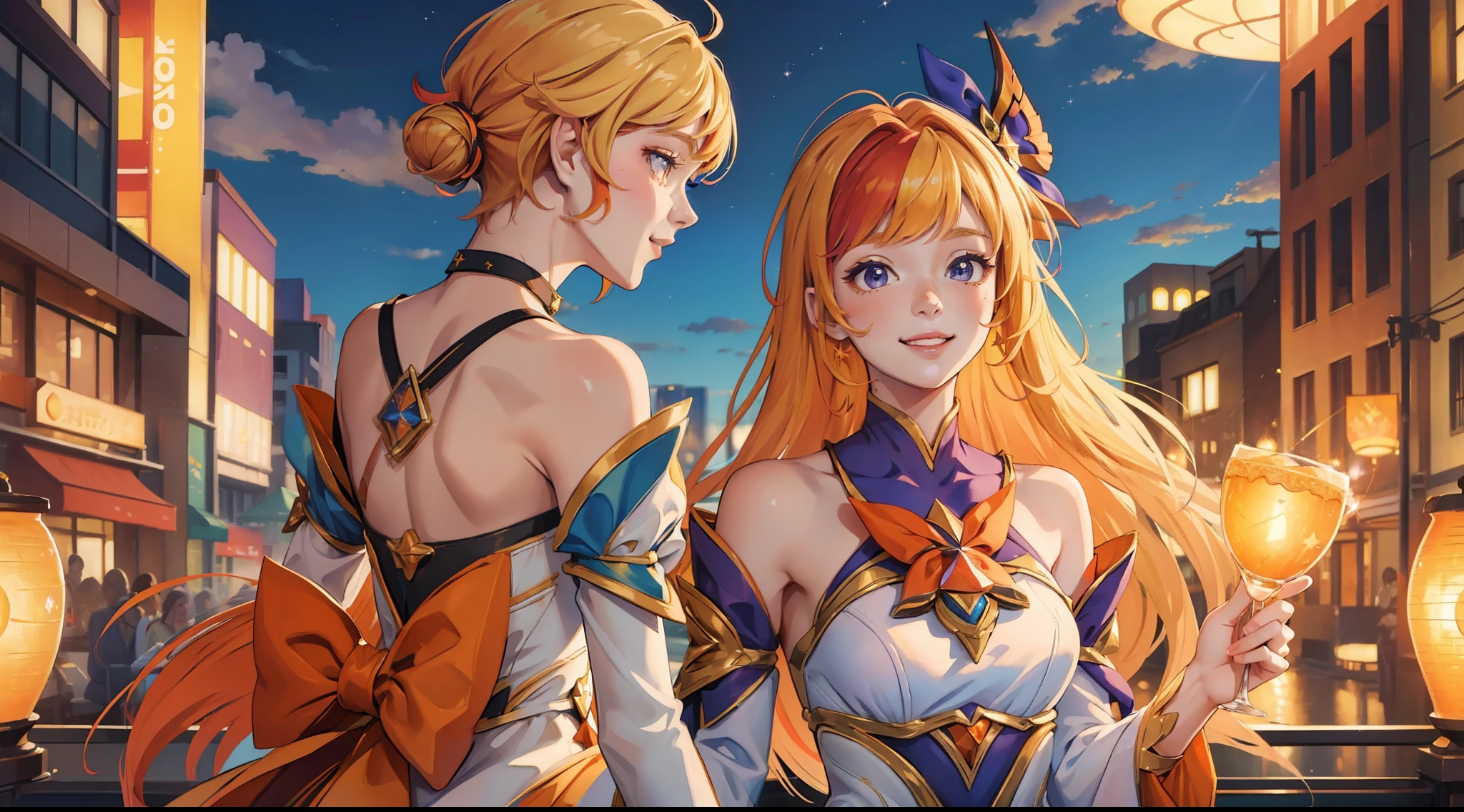 (Masterpiece:1.4), (Best quality:1.2), star guardian seraphine, Blonde hair, Orange hair, multicolored hair, multicolored clothing, dress, Hair Bow, Detached sleeves, Smile, Upper body, Cowboy shot