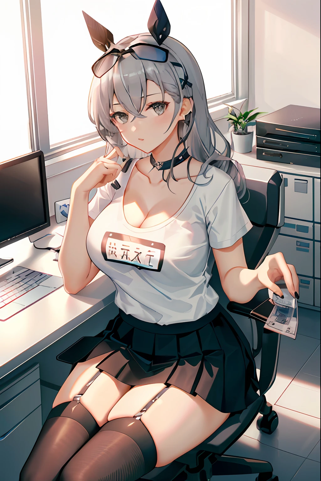 Silver wolf, honkai star rail, 1girl, solo, ((white shirt)), black thighhighs, breasts, cleavage, uniform, office background, black skirt, pleated skirt, office, hair between eyes, hair ornament, large breasts, long hair, looking at viewer, silver short nails, grey eyes, solo, thighhighs, thighs, ((masterpiece)), sitting, chair, desk, computer on desk, name tag, id tag, indoor, blush, sexy pose, hands behind, ((office top)),