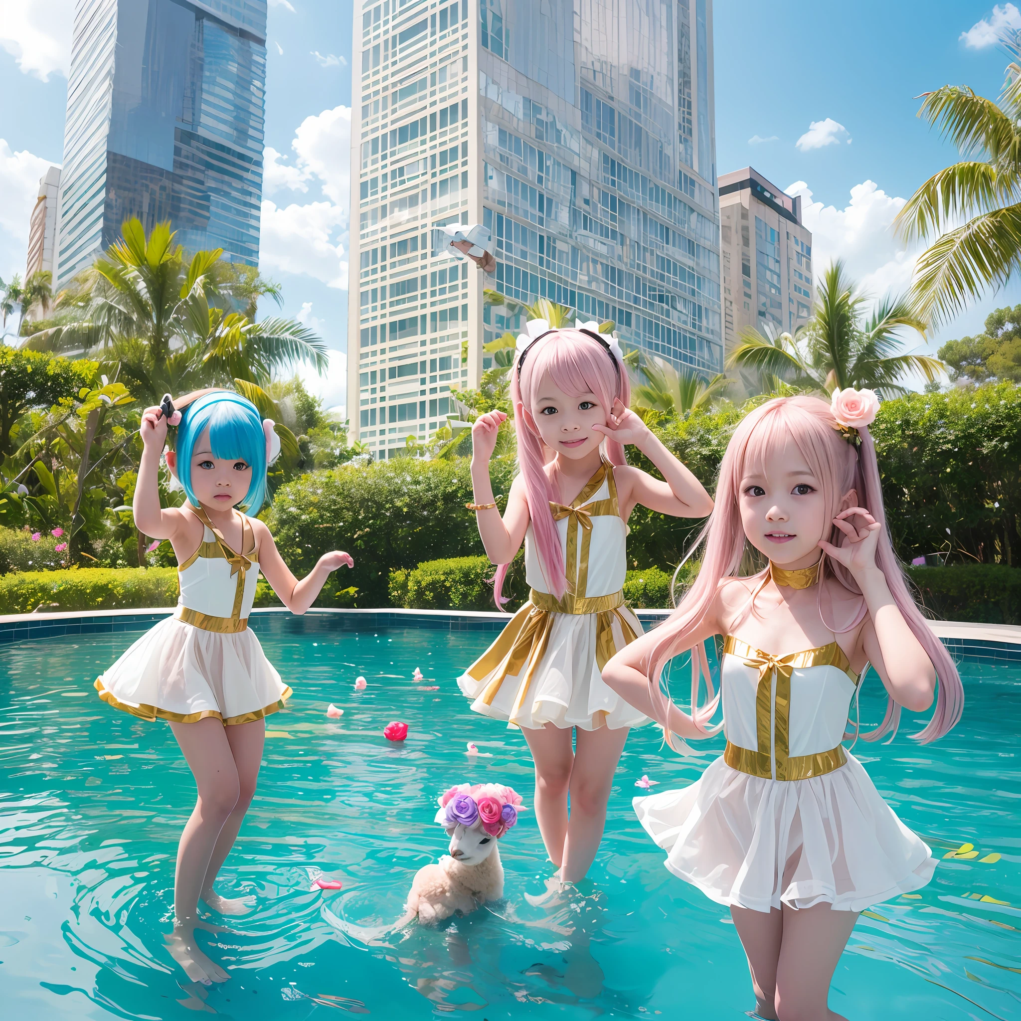 Tres chicas con vestidos blancos y dorados paradas en una piscina - SeaArt  AI