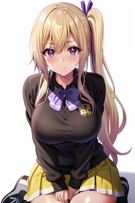 kawakami_mai, blonde hair, side ponytail, purple eyes, long hair, bangs, gradient hair, dark mole,
large breasts, school uniform...