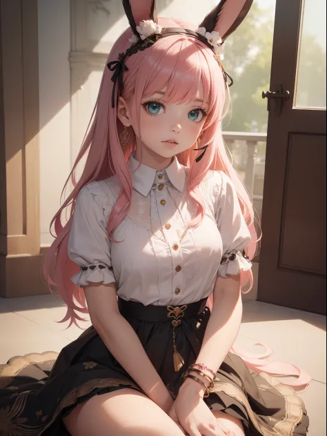 (((((kid))))),、1girl, solo, jewelry, pink hair, animal ears, hair ornament, green eyes, fake animal ears, shirt, rabbit ears, heart, chest, white shirt, skirt, cheeks, looking at the audience, parted lips , short sleeves, hairpin, black skirt, watch, neckl...