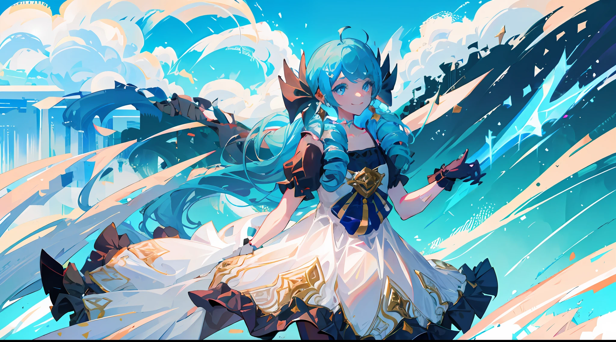 beach, 1girll, absurderes, Black bow, Black gloves, black sock, Blue eyes, Blue hair, bow, 鎖骨, dress, Drill hair, frill dress, frilld, mitts, Gwen \(League of Legends\), hair adornments, A high resolution, League of Legends, Long hair, parted lip, Puffy sleeves, Pink pupils, Smile, Solo, White dress, X, 10th Hair Accessories