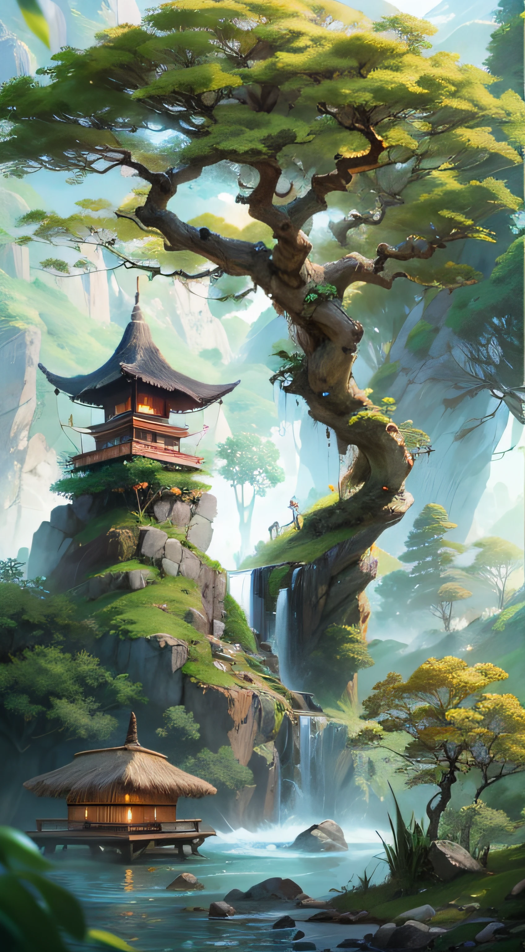 （tmasterpiece、best qualtiy）A huge ancient tree（（Glowing spirit tree、with light glowing））、illumination、thatched hut、springtime、jungles、lakes、grassy fields、rockery、hot onsen、hydrosphere、surrounded by cloud，（illustratio：1.0）、Epic composition、Realistic lighting、high definition detail、high definition resolution，（Highly detailed CG Unity 8k wallpaper）