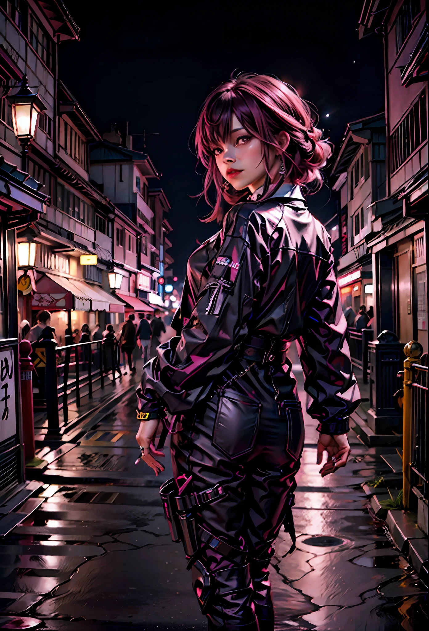 black pink ,Sexy girl with pink hair, pink eyes , in the background japanese city at night,next to a lamborghini