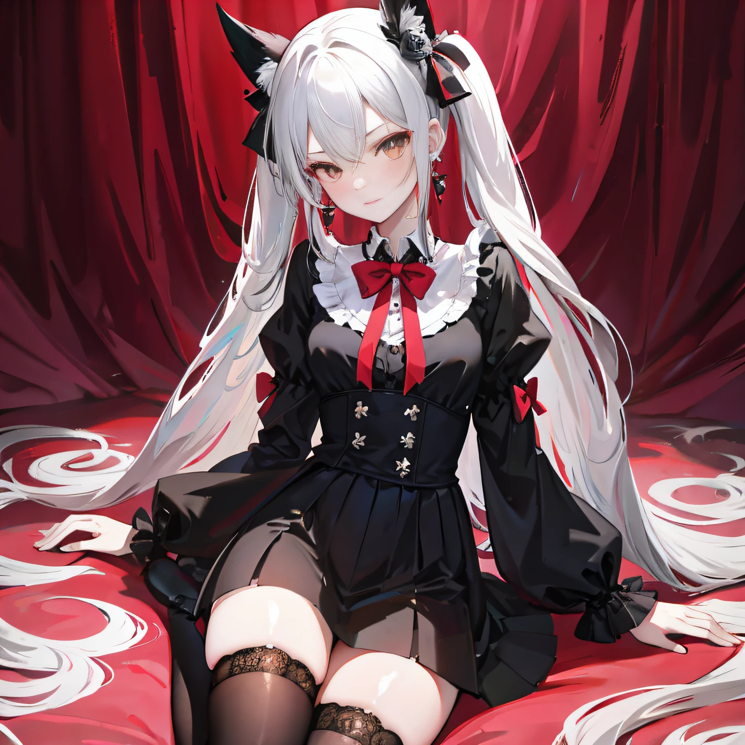 Lolita prostitute，Royal Sister，afloat，flying petal，Floating hair，White complexion、Sharply defined、Slender eyebrows、Deep eyes，Black slim-fit long-sleeved shirt、Black Lolita、high-waist、obi strip、black over-the-knee socks、Silver-toned earrings，lace legwear、tigh-high boots、trinkets、hair adornments、neck chain、Bracelet，Falling streamers and debris，mystical ambiance。Masterpiece, Best quality, Refined face，ssmile, 8K, A high resolution, Super resolution,absurderes, A high resolution, Ultra detailed, elegant flourishes, and a sense of craftsmanship and skill,