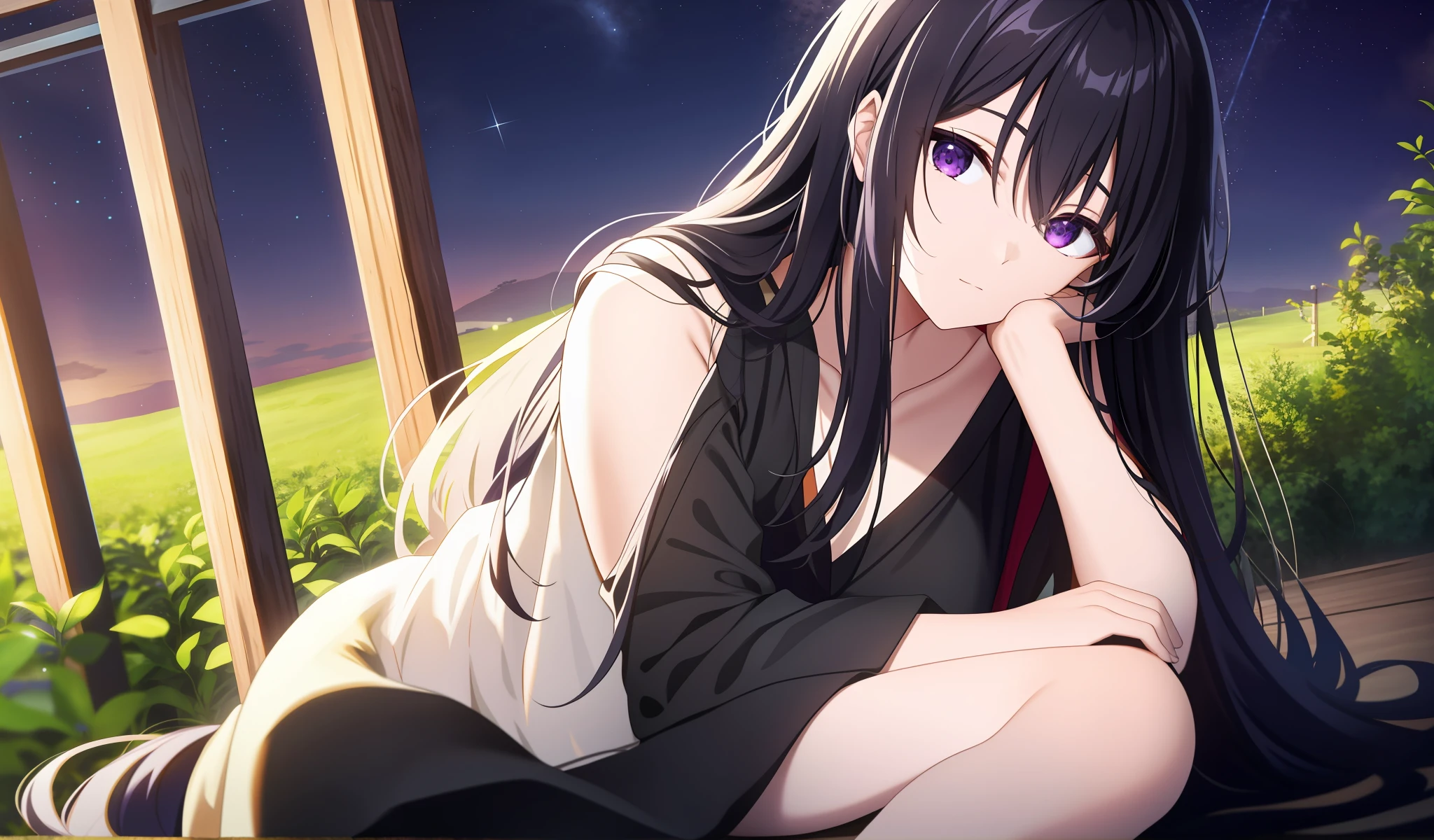 one-girl, Wear black pajamas, naked leg, Barefoot, Purple eye, pavilion, Lie down, Rest your head on the post， nigth, Starry sky overhead, In the countryside, in a panoramic view, Black hair, Very long hair, hair splayed out, color difference, Motion blur, A high resolution, ccurate, Super detail, High details, Best quality