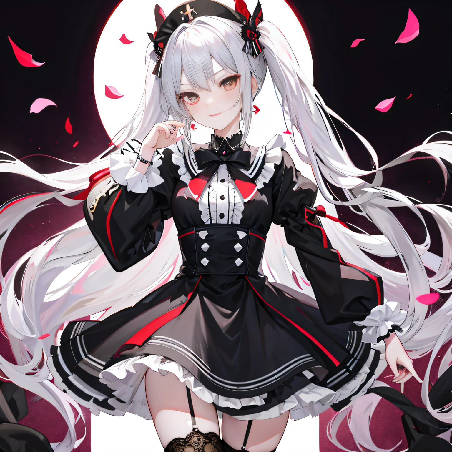 Lolita prostitute，Royal Sister，afloat，flying petal，Floating hair，White complexion、Sharply defined、Slender eyebrows、Deep eyes，Black slim-fit long-sleeved shirt、Black Lolita、high-waist、obi strip、black over-the-knee socks、Silver-toned earrings，lace legwear、tigh-high boots、trinkets、hair adornments、neck chain、Bracelet，Falling streamers and debris，mystical ambiance。Masterpiece, Best quality, Refined face，ssmile, 8K, A high resolution, Super resolution,absurderes, A high resolution, Ultra detailed, elegant flourishes, and a sense of craftsmanship and skill,