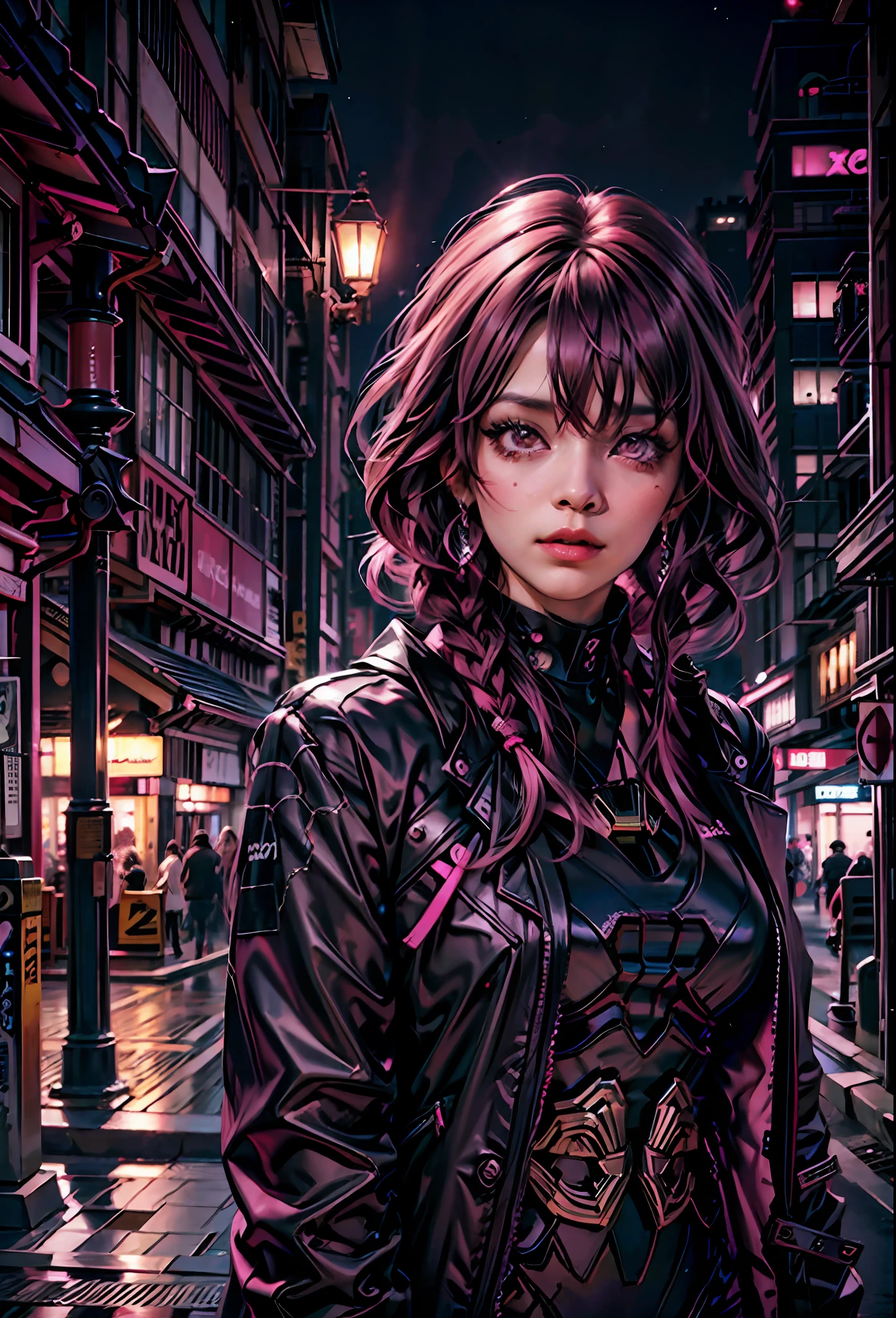 أسود وردي ,فتاة مثيرة ذات شعر وردي, عيون وردية , في الخلفية مدينة يابانية في الليل,بجانب لامبورغيني