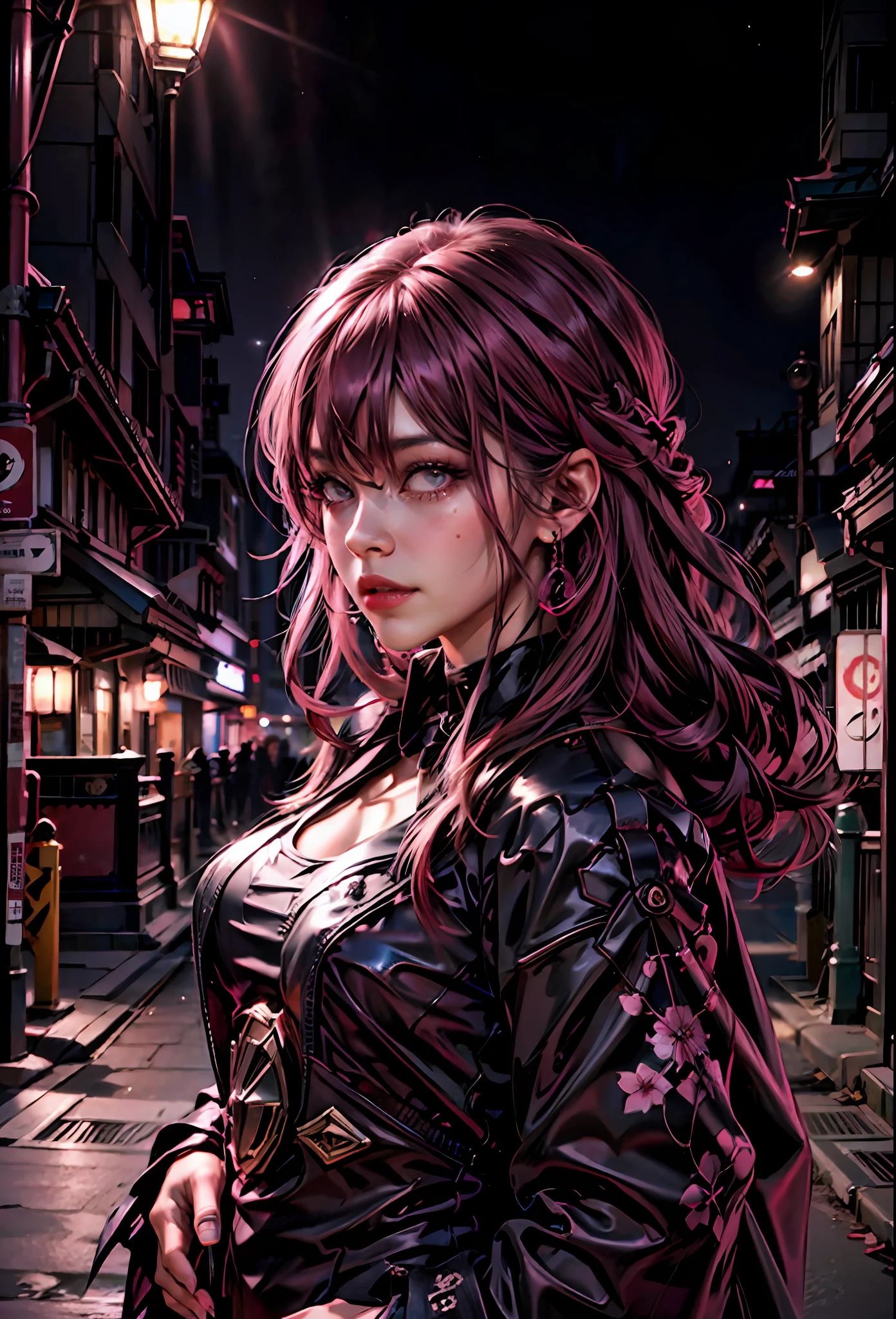 Schwarz Rosa ,Sexy Mädchen mit rosa Haaren, rosa Augen , im Hintergrund japanische Stadt bei Nacht,neben einem Lamborghini