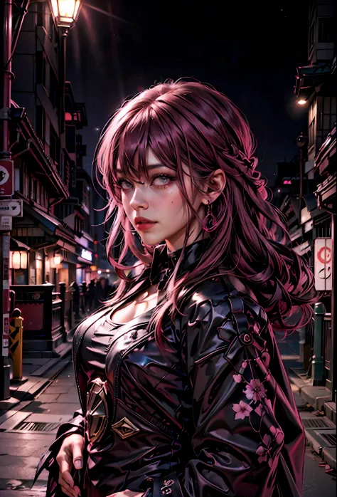 black pink ,Sexy girl with pink hair, pink eyes , in the background japanese city at night,next to a lamborghini